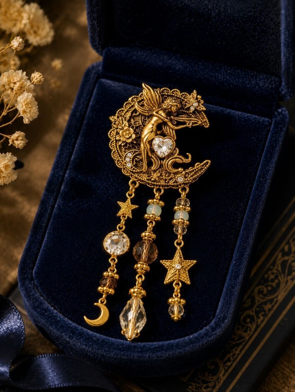 Gold Dragon Moon Dangle Earrings with Crystal Drops - Picture 8 of 8